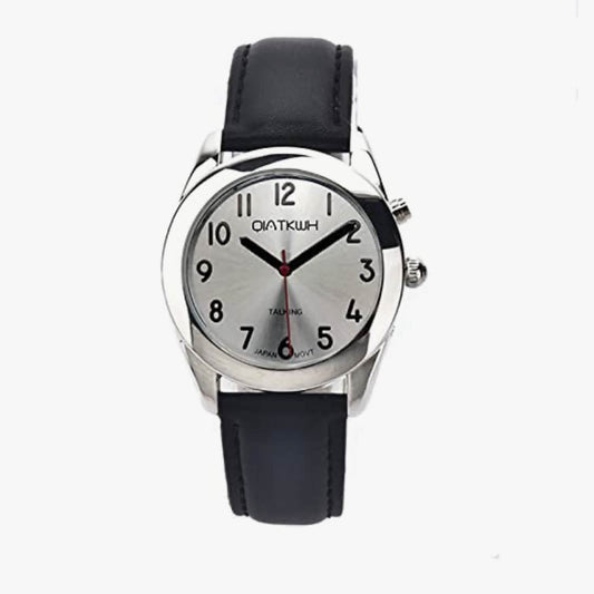 QIATKWH Deutsch sprechende Uhr, Zifferblatt mit Sonnenmuster, Silbergehäuse, schwarzes Lederarmband, einziehbares Edelstahlarmband