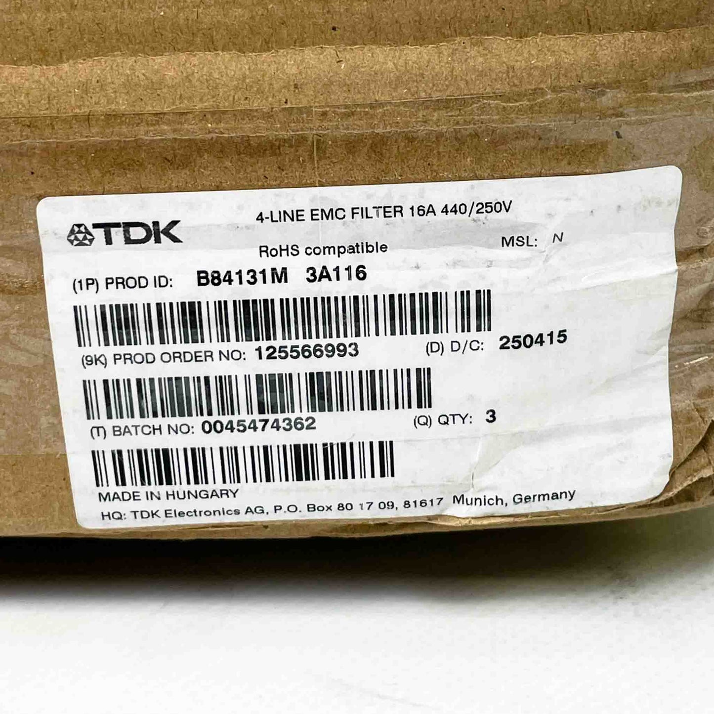 EPCOS B84131M0003A116 3‑phasiges Netzfilter (EMV), 4×16 A, 440 V AC, Flansch‑Schraubbefestigung, 50/60 Hz