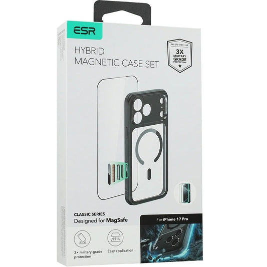 ESR Classic Hybrid Set für iPhone 17 Pro, Handyhülle mit MagSafe, Tempered Glass, Schwarz/Transparent, stoßfest, kratzfest