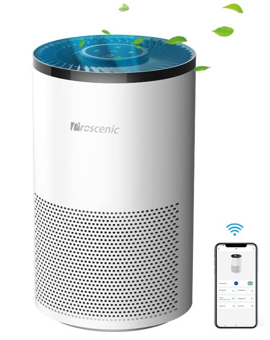 Proscenic A8 Air Purifier Allergy Air Purifier with App Control 55? True H13 HEPA Combined Filter 4 Cleaning Modes Quiet Operation Against Allergy Odors Pollen Air Purifier for Smokers White