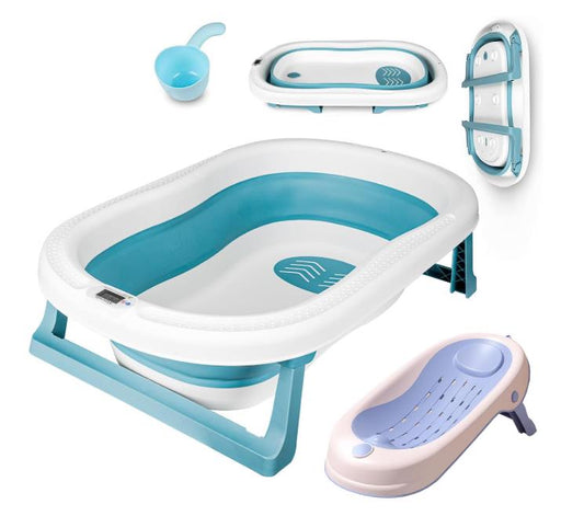 Large foldable baby bathtub 55 l with pillow ball rinsing skull for babies foldable bathtub for 0-6 years blue with bath seat thermometer