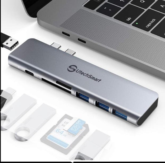 USB C Hub Aluminium Thunderbolt 3 Typ C Adapter 7 in 2 mit 3 USB 3.0&USB 2.0 Anschlüssen TF SD Kartenleser PD kompatibel mit MacBook Pro Air 13'' 15'' 2018 2019 2020