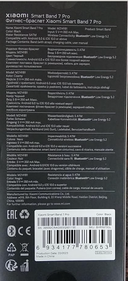Xiaomi Smart Band 7 Pro, M2104B1, Fitness Tracker, Großes 1,64-Zoll-AMOLED-Display, Integriertes GNSS, Schlafüberwachung, SpO2, Herzfrequenz, 110+ Sportmodi, bis zu 12 Tage Autonomie, 5 ATM Wasserdichtigkeit, Schwarz